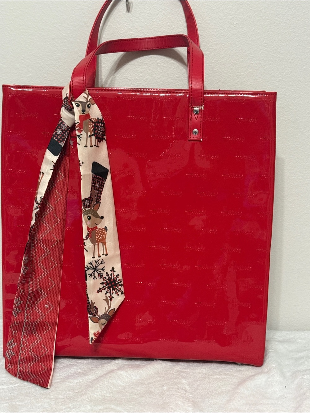 Harrods Red Patent Tote Bag with Decorative Scarf